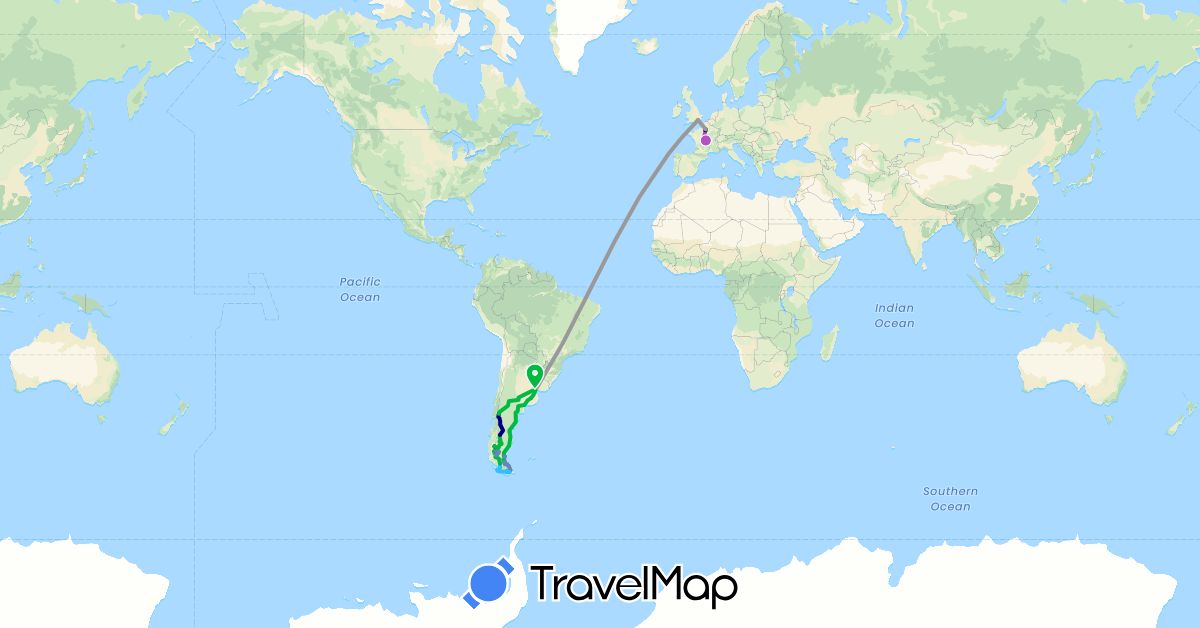 TravelMap itinerary: driving, bus, plane, cycling, train, hiking, boat, electric vehicle in Argentina, Chile, France, United Kingdom (Europe, South America)