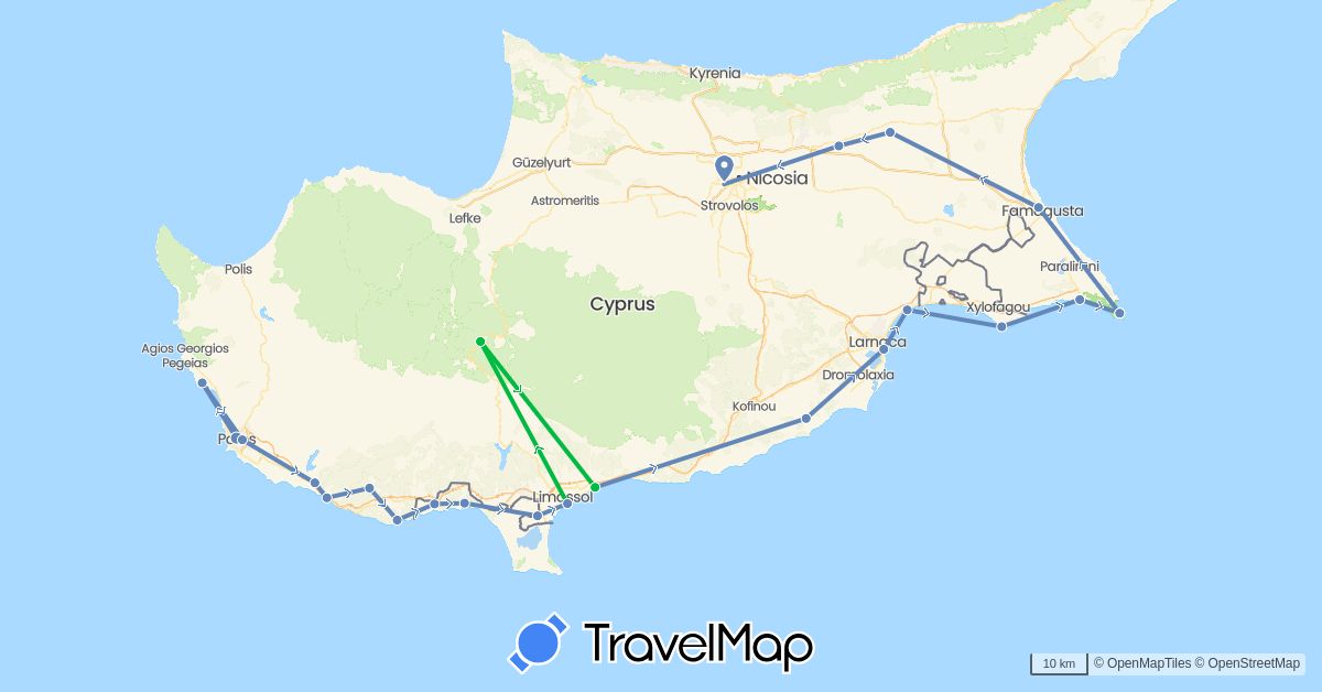 TravelMap itinerary: driving, bus, cycling in Cyprus (Asia)
