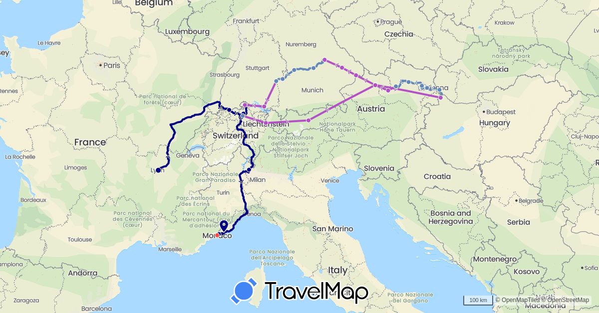TravelMap itinerary: driving, cycling, train, hiking in Austria, Switzerland, Germany, France, Hungary, Italy, Liechtenstein, Monaco, Slovakia (Europe)