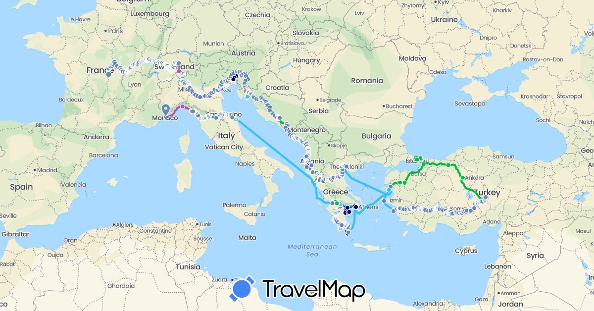 TravelMap itinerary: driving, bus, cycling, train, hiking, boat in Albania, Bosnia and Herzegovina, Switzerland, France, Greece, Croatia, Italy, Montenegro, Slovenia, San Marino, Turkey (Asia, Europe)