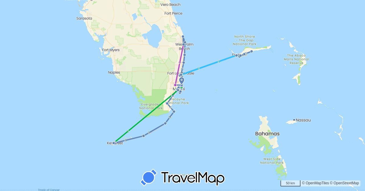 TravelMap itinerary: driving, bus, cycling, train, hiking, boat in Bahamas, United States (North America)